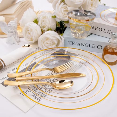 350PCS Clear Gold Plastic Dinnerware Set for 50 Guests, Disposable Plates, Cups & Silverware N692