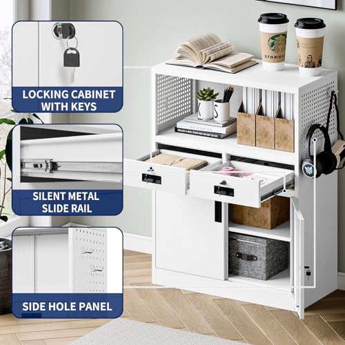 Locking Cabinet with 2 Drawers, Metal Storage Cabinet with Locking Doors and Shelves J89434