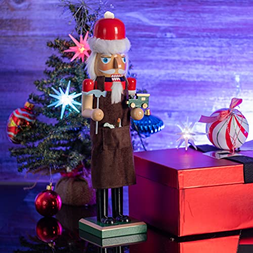 Red and Green Wooden Nutcracker Man with Toy Car and Hammer, 15" K127