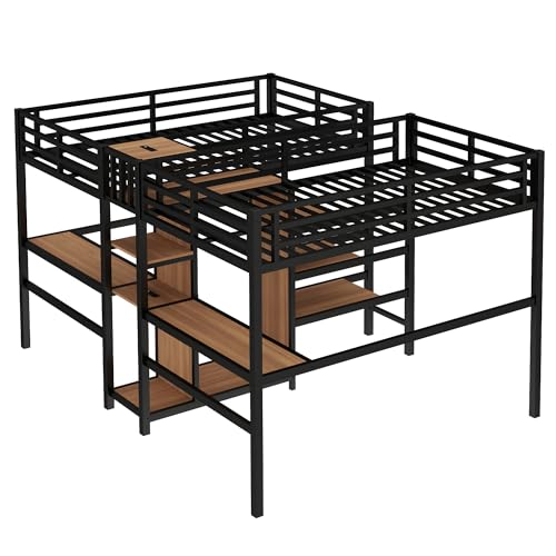 Metal Loft Bed with Wardrobe and L-Shaped Desk, Full Size with Storage Cubes and Shelves J450846