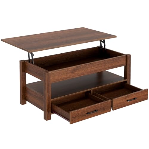 Lift Top Coffee Table with Drawers and Hidden Compartment, Wooden Retro Design for Living Room N4328