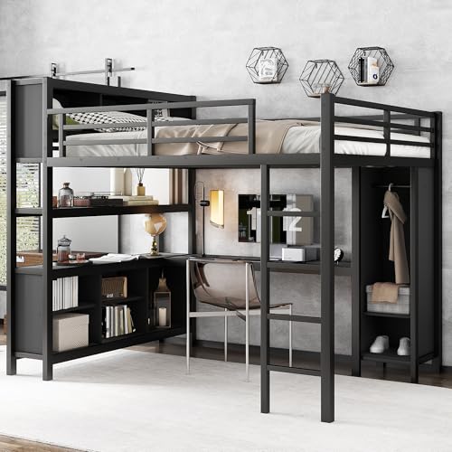 Full Loft Bed with Desk, Storage Shelves, and Wardrobe, Heavy-Duty Frame, Black K6320