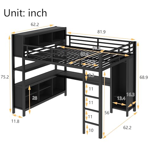 Full Loft Bed with Desk, Storage Shelves, and Wardrobe, Heavy-Duty Frame, Black K6320