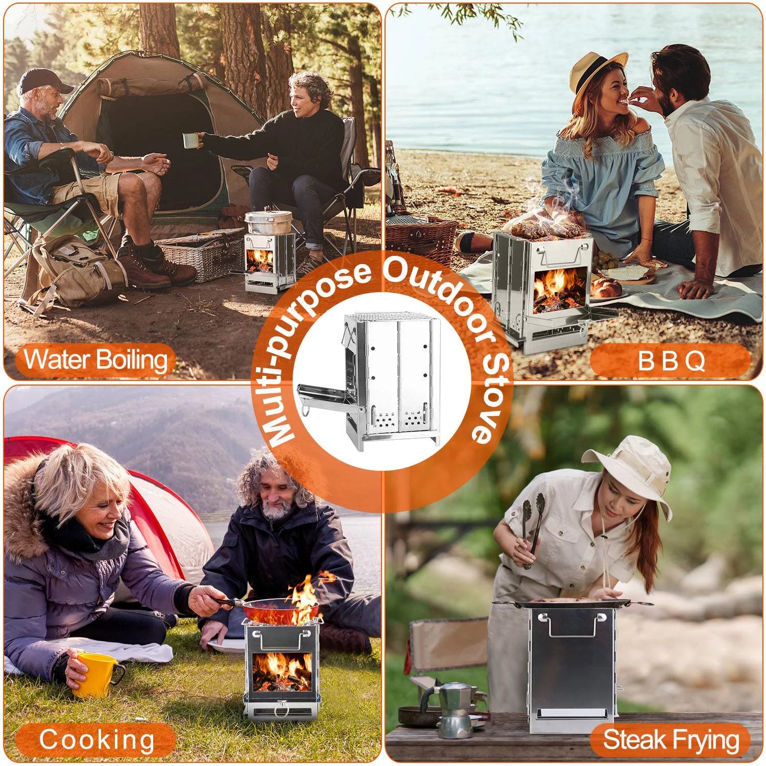Folding Wood Burning Camp Stove, Portable Stainless Steel Backpacking Stove with Carry Bag V596178