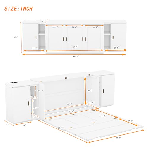 Queen Size Murphy Wall Bed with Storage and Bookcase Headboard C313