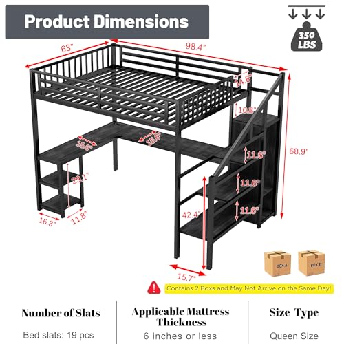 Queen Loft Bed with L-Shaped Desk and Stairs, Metal Frame, Black F92113