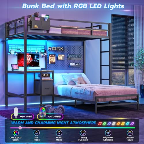 Twin Over Twin Bunk Bed with Desk, Charging Station and LED Lights F705929