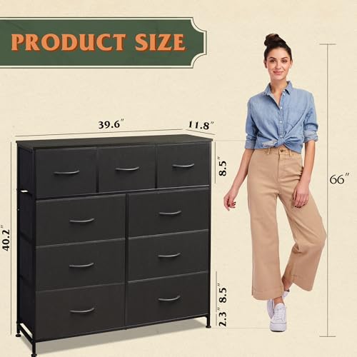 9-Drawer Fabric Storage Tower for Bedroom, Closet, Tall Chest Organizer with Steel Frame R839993