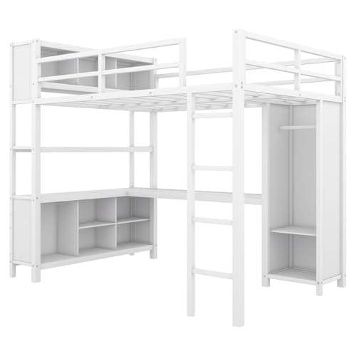 Metal Loft Bed with Wardrobe and L-Shaped Desk, Full Size with Storage Cubes and Shelves J450846