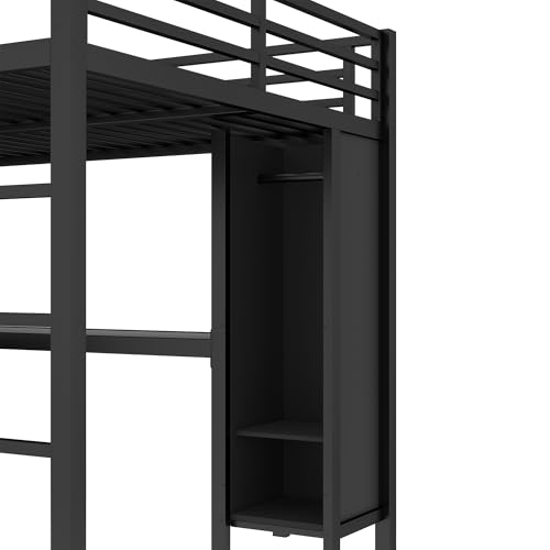 Full Loft Bed with Desk, Storage Shelves, and Wardrobe, Heavy-Duty Frame, Black K6320