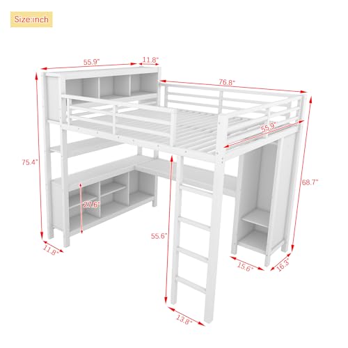 Full Loft Bed with Desk, Storage Shelves, and Wardrobe, Heavy-Duty Frame, Black K6320
