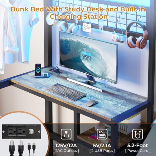 Twin Over Twin Bunk Bed with Desk, Charging Station and LED Lights F705929
