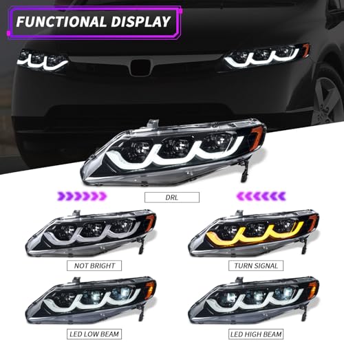 LED Headlights for Honda Civic Sedan 2006-2011, Projector Headlamp Assembly with Sequential Turn Signal, Pair J2961