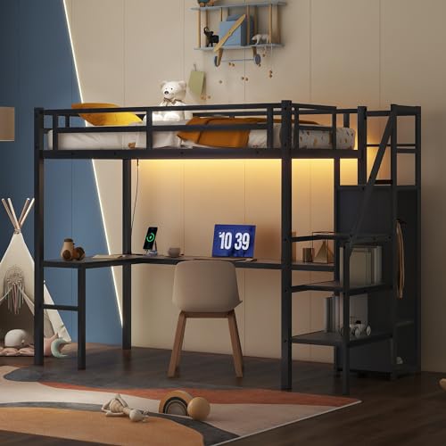 Metal Loft Bed with Wardrobe and L-Shaped Desk, Full Size with Storage Cubes and Shelves J450846