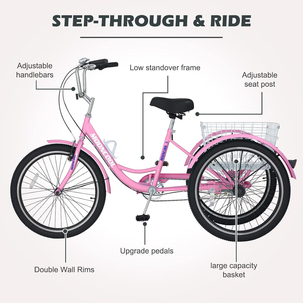 Adult Tricycle 24 Inch, Single Speed 3 Wheel Bike with Shopping Basket D5158