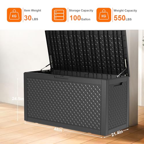 100 Gallon Resin Deck Box, Lockable Patio Outdoor Storage, Waterproof - Black F75230