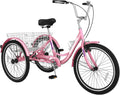 24 Inch Adult Tricycles, Single Speed Adult Trikes 3 Wheel Bikes, Three-Wheeled Bicycles Cargo Cruise Trike with Shopping Basket for Recreation Shopping