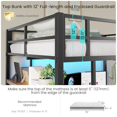 Loft Bed Full Size with L-Shaped Desk and Charging Station G796