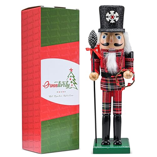 Christmas Buffalo Plaid Nutcracker Soldier with Acorn Staff, 15-Inch Wooden Holiday Decor X91654