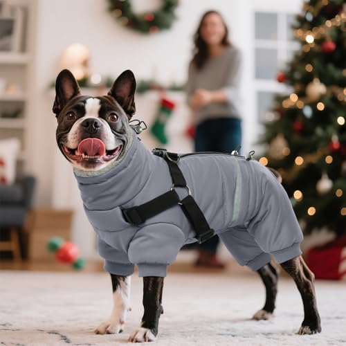 Black Dog Winter Coat with Harness, Reflective Waterproof Jacket for Small Dogs O43201