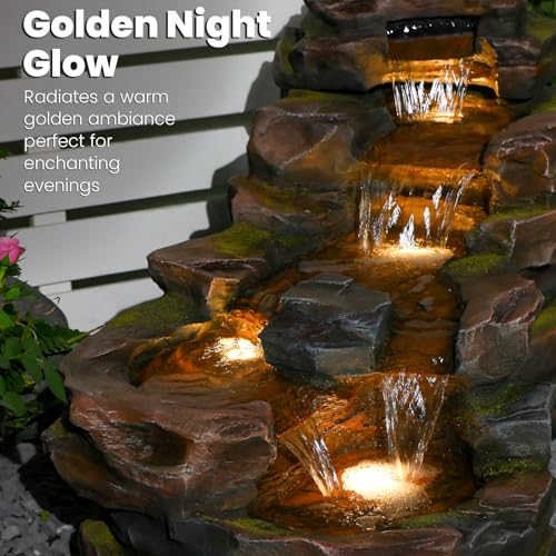 37" Outdoor Garden Water Fountain, 5-Tier Rock Waterfall with LED Lights H197