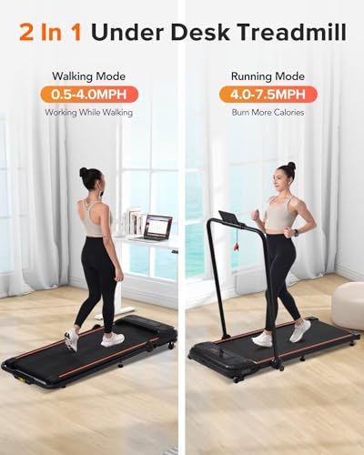 Walking Pad with Handle Bar, 2 in 1 Under Desk Treadmill, Folding Electric Walking Jogging Machine for Home Office M44066