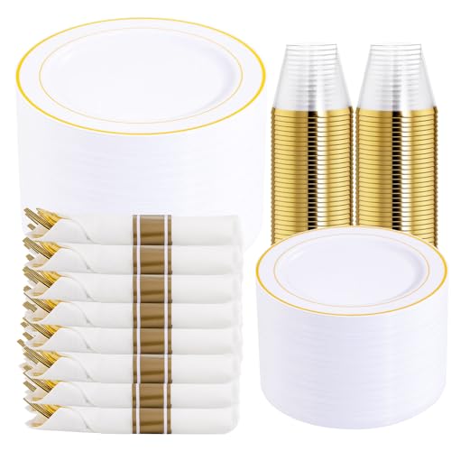 350PCS Clear Gold Plastic Dinnerware Set for 50 Guests, Disposable Plates, Cups & Silverware N692