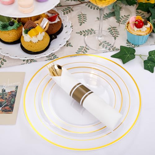 350PCS Clear Gold Plastic Dinnerware Set for 50 Guests, Disposable Plates, Cups & Silverware N692