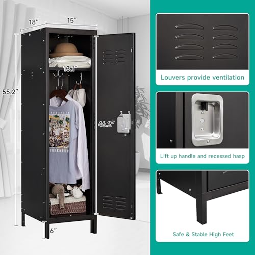 Vintage Metal Locker with Hooks, Lockable Single Door Storage M901