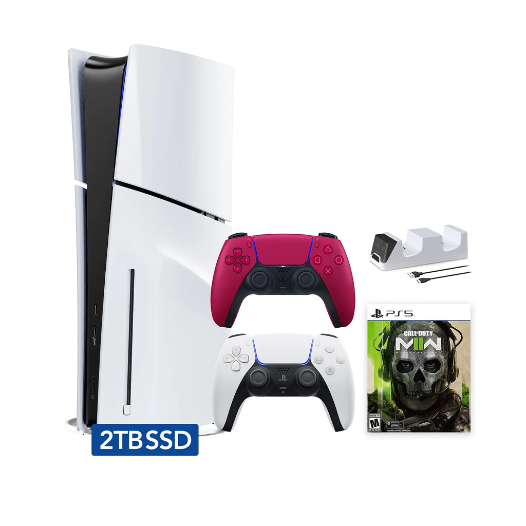 PlayStation 5 Slim Disc 2TB SSD Edition Call of Duty Modern Warfare II Bundle with Two Controllers White and Cosmic Red DualSense and Mytrix Dual Controller Charger - PS5 Gaming Console