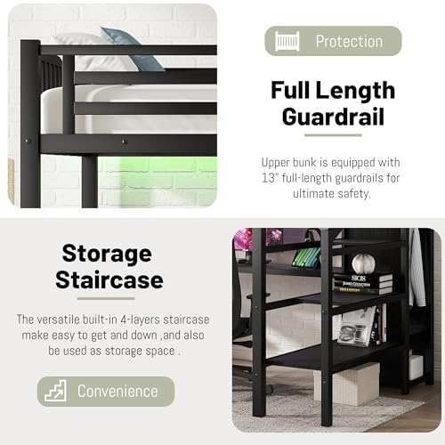 Queen Loft Bed with L-Shaped Desk and Stairs, Metal Frame, Black F92113