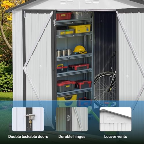 10 x 8 ft Outdoor Storage Shed, Metal Building with Windows and Lockable Doors, Grey Q206