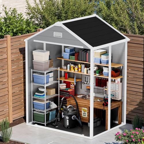 Resin Outdoor Storage Shed with Floor and Window, Lockable Small Tool Shed for Garden Patio Backyard, Light Gray V985
