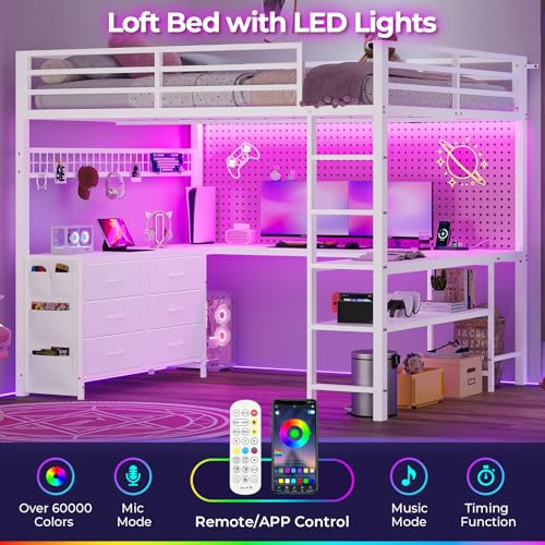 Loft Bed Full Size with U-Shaped Desk, Storage Drawers, Power Outlet, LED, Safety Guardrail & Ladders P611917