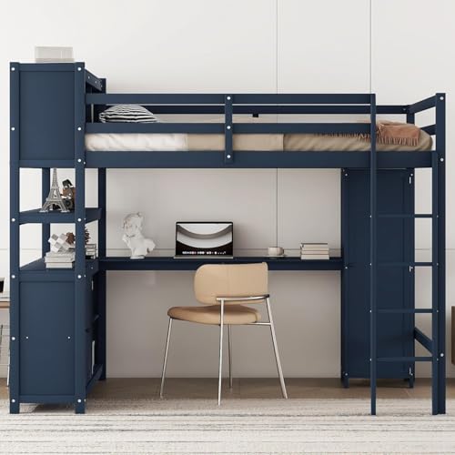Full Size Loft Bed with Wardrobe and L-Shaped Desk, Metal with Storage Cubes, White Q15057