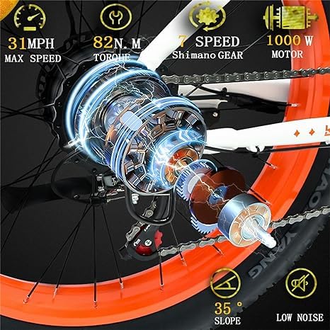 Electric Bike for Adults, 1000W Brushless Motor, 48V 15AH Removable Battery, 26" Fat Tire W393