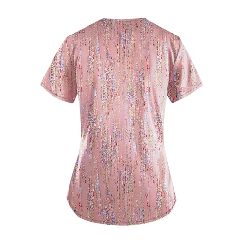 Women's Floral Print Short Sleeve V-Neck Scrubs Top with Pocket Q528