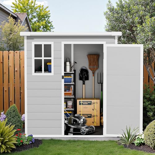 Resin Outdoor Storage Shed with Floor and Window, Lockable Small Tool Shed for Garden Patio Backyard, Light Gray V985