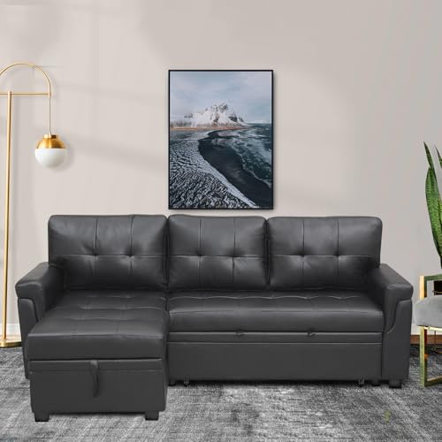 Convertible Sofa with Storage, Reversible L-Shape Couch, Black Y1589