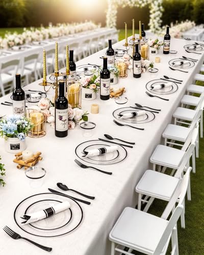 Disposable Plates Set for 50 Guests, Plastic Dinnerware with Cups and Napkins J193