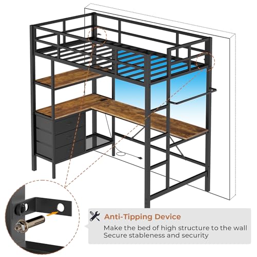 Loft Bed Full Size with L-Shaped Desk and Charging Station G796