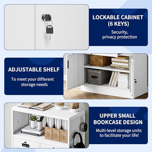 Locking Cabinet with 2 Drawers, Metal Storage Cabinet with Locking Doors and Shelves J89434