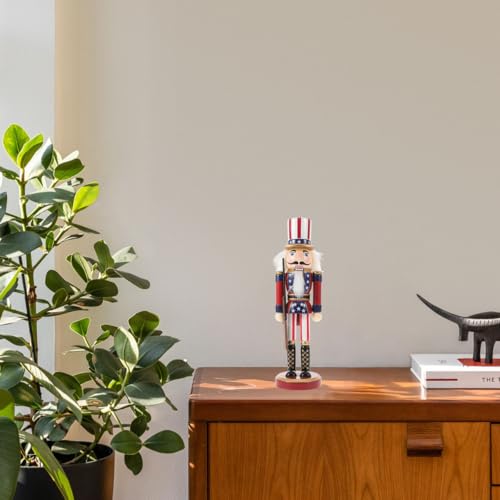 Patriotic Nutcracker Figurines Wooden Soldier Statue with Cane for Independence Day Decoration C859373