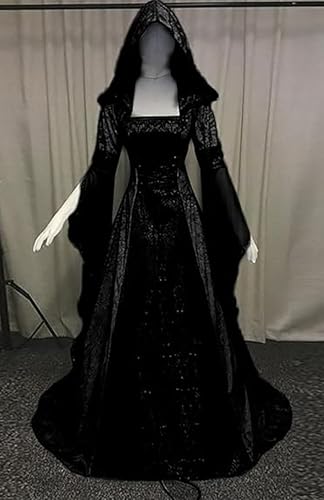Medieval Victorian Dress for Women, Vintage Witch Halloween Costume with Hood W9109
