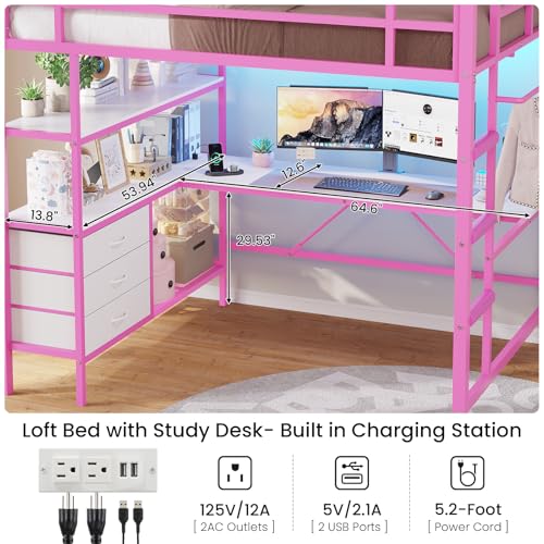 Loft Bed Full Size with L-Shaped Desk and Charging Station G796