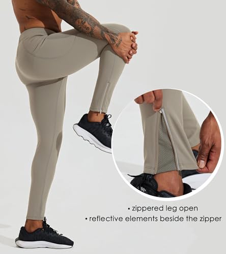 Men's Fleece Running Leggings Winter Cycling Tights with Zipper Pockets S472