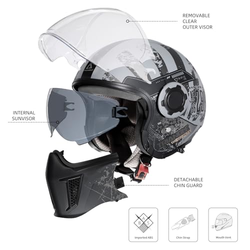 Open Face Motorcycle Helmet 3/4 Half with Clear Visor A301842