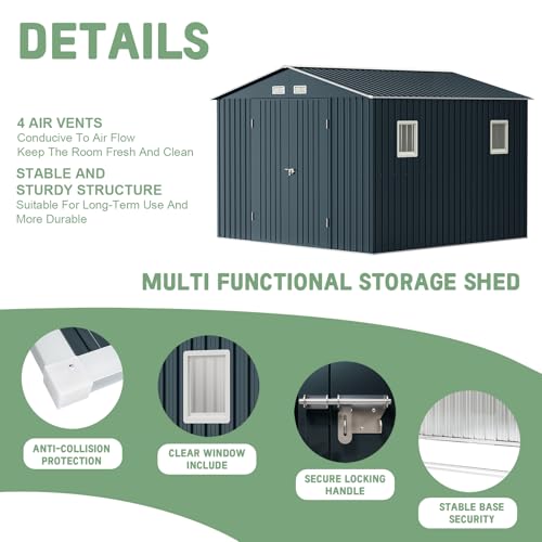 Outdoor Storage Shed 10 x 12 ft Metal Garden Utility with Lockable Doors U582216