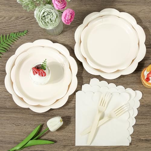 Ivory Paper Plates and Napkins Set for 50 Guests, Disposable Tableware with Utensils M509