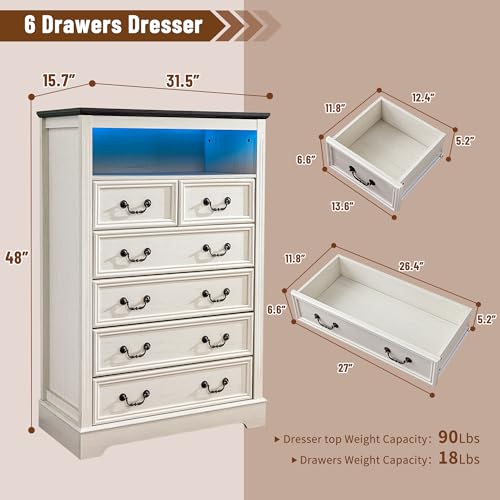 6-Drawer Dresser with Charging Station and LED Light, Vintage Gray R907